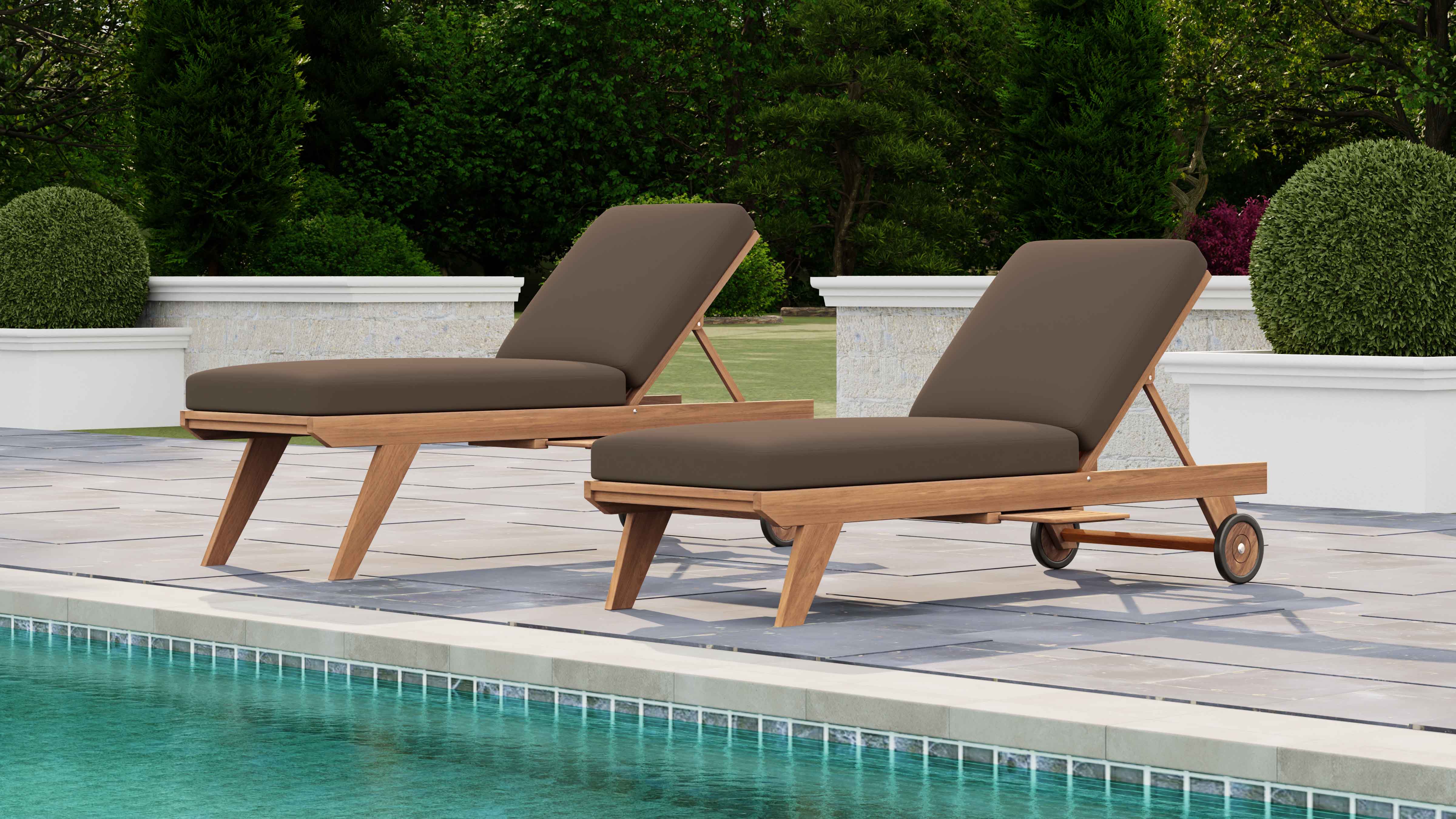 Teak High Level Lounger with Taupe Cushion & Optional Pull Out Tray Shown With Standard Height Lounger For Comparison