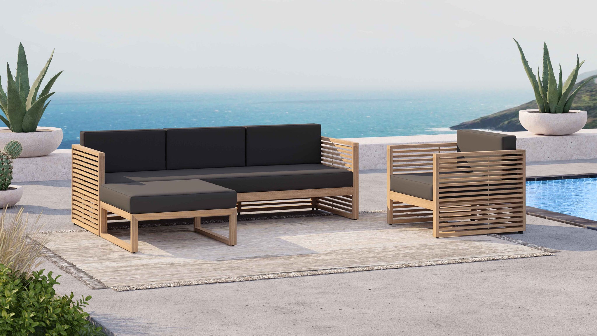 Buckingham Outdoor Modular Furniture Set Showing 3 Seater Sofa, Footstool and Lounge Armchair in Taupe