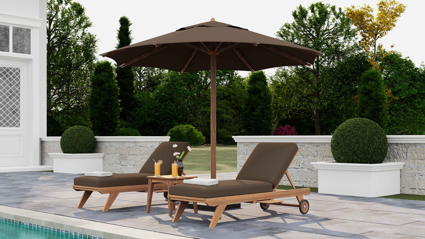 Two Teak Sun Lounger with Wheels, Windsor Side Table and Taupe Parasol with Taupe Cushions  and Optional Pull Out Tray