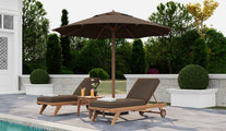 Two Teak Sun Lounger with Wheels, Windsor Side Table and Taupe Parasol with Taupe Cushions  and Optional Pull Out Tray