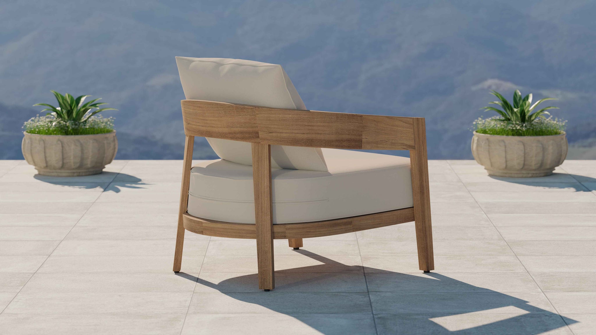 Windsor Teak Lounge Armchair with Ecru Cushions Rear Angled View