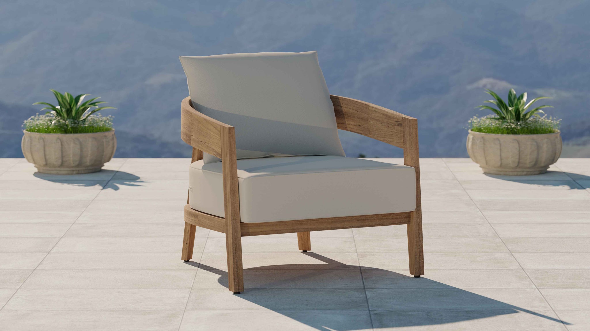 Windsor Teak Lounge Armchair with Ecru Cushions Front Angled View