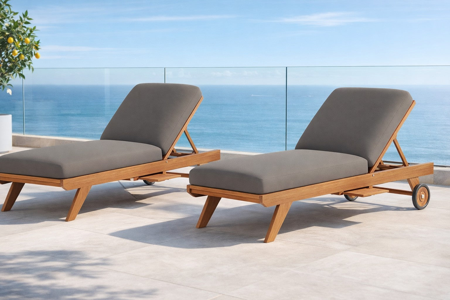 Teak Sun Lounger with Light Grey Cushion