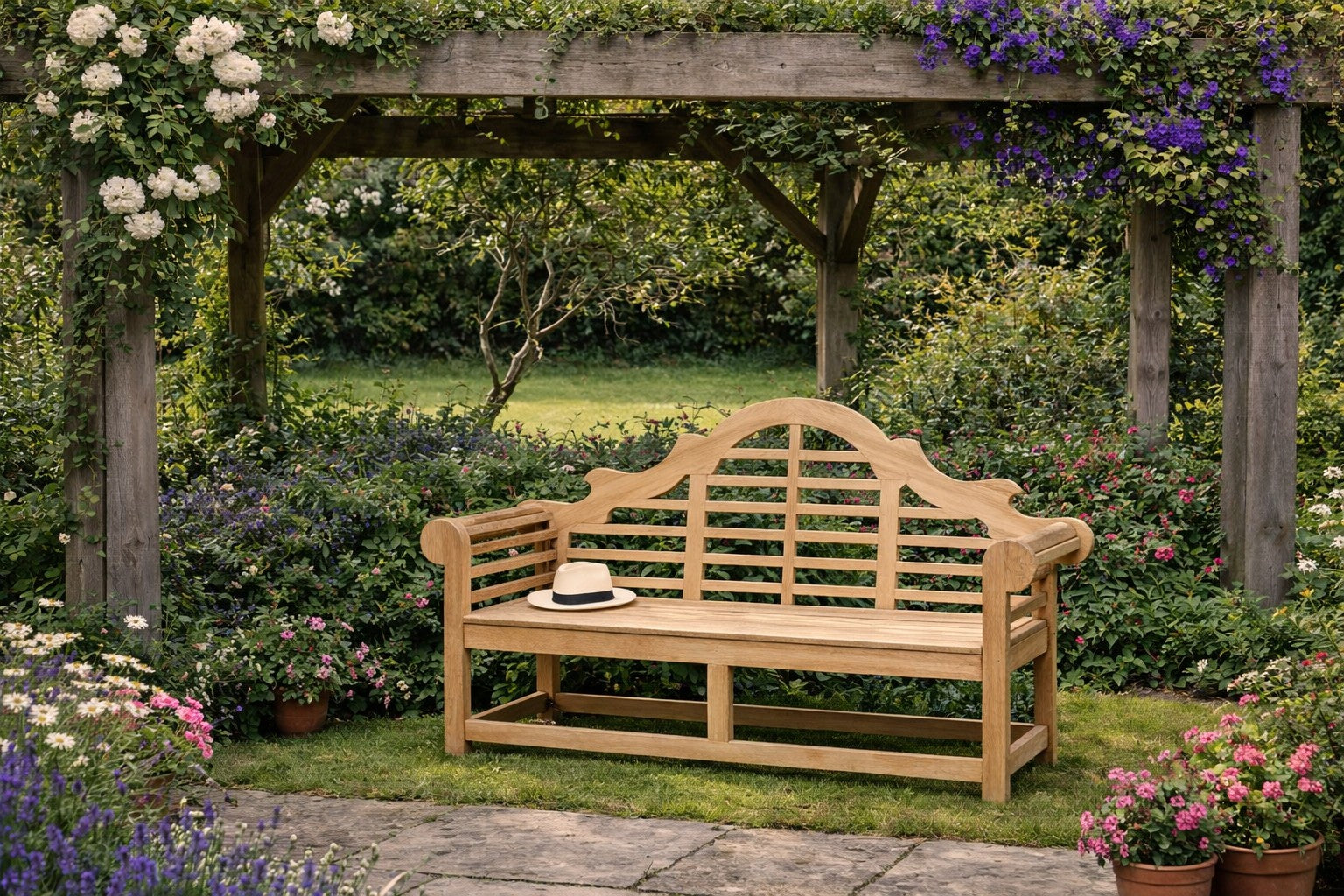 Lutyens Bench Under A Pergola In A Country Garden