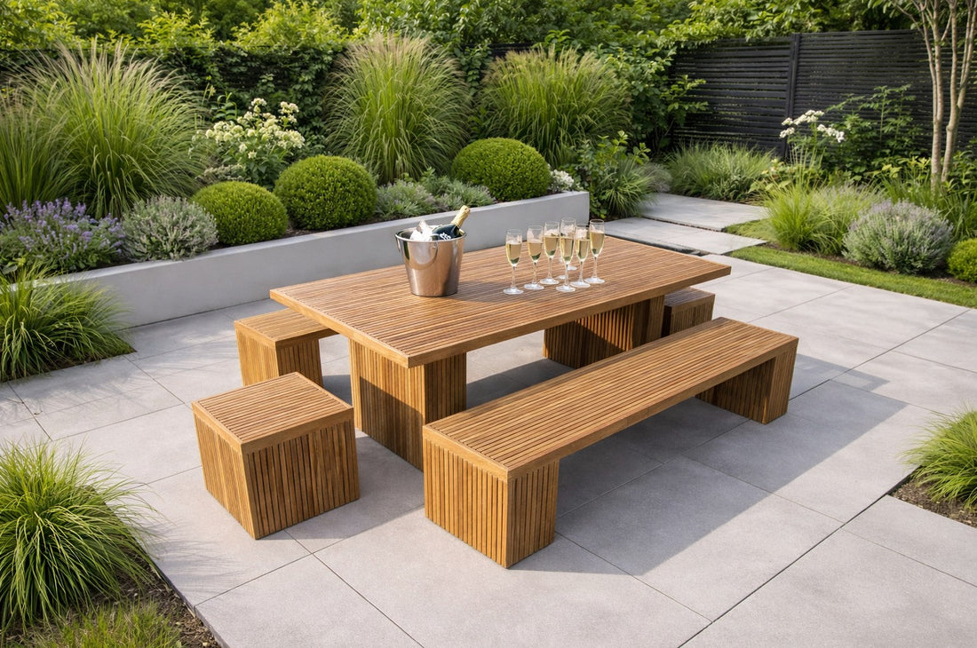 Teak Mayfair Table with two 200cm Benches and two 50cm Stools