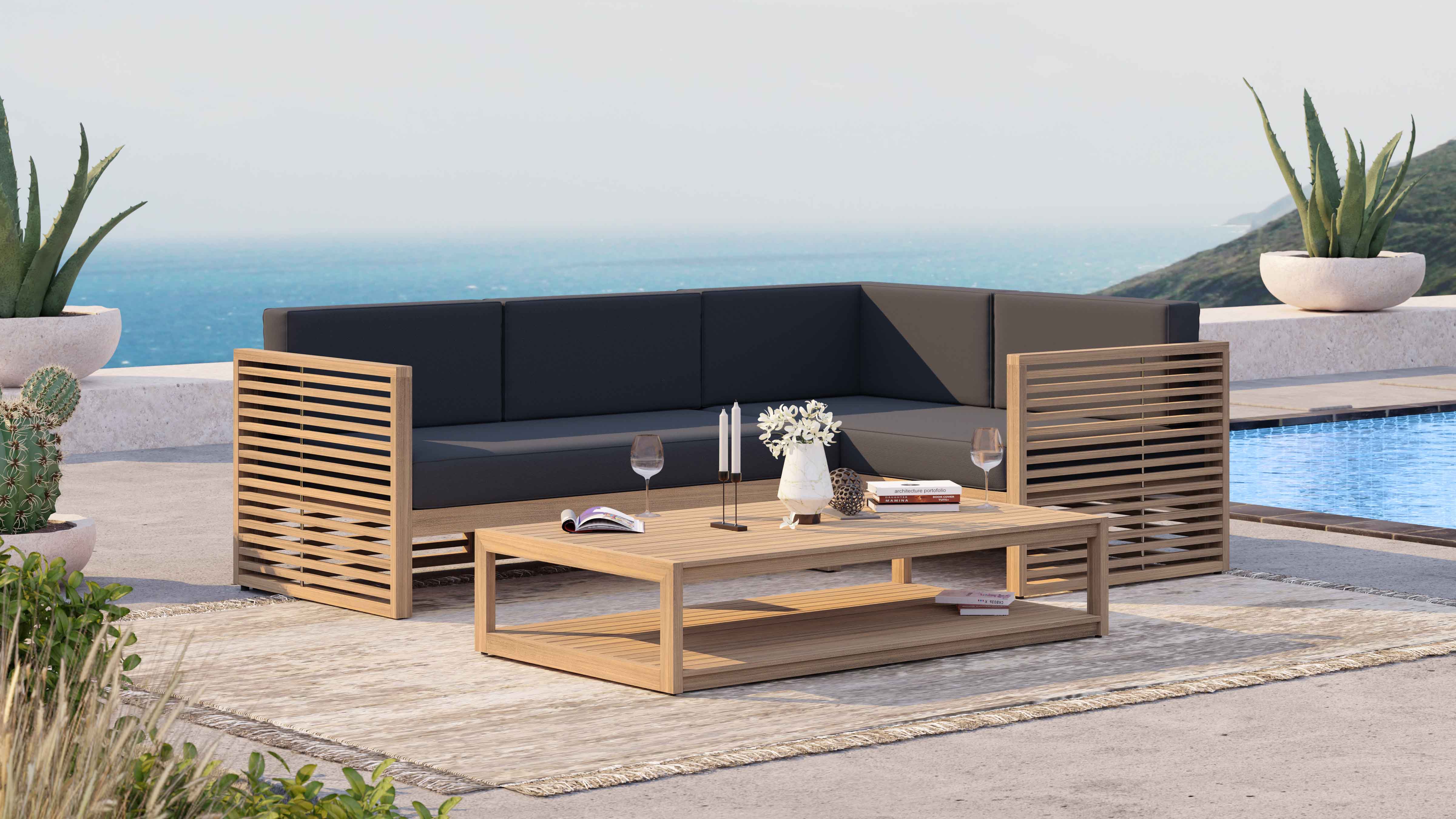 Buckingham Teak Modular Outdoor Sofa in Taupe with a Rectangular Coffee Table