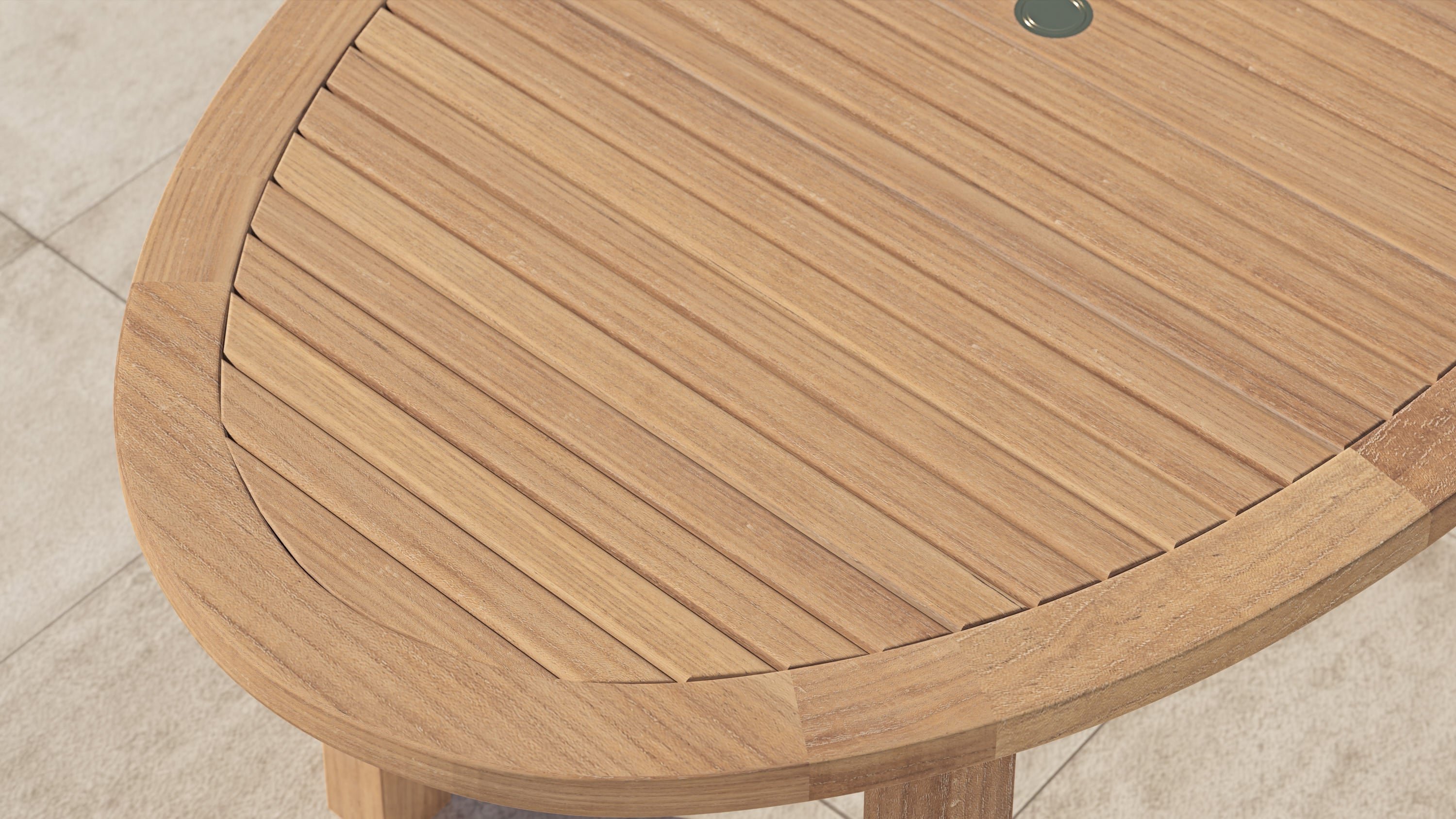 Fixed Teak Oval Garden Dining Table Close Up Detail Of Top