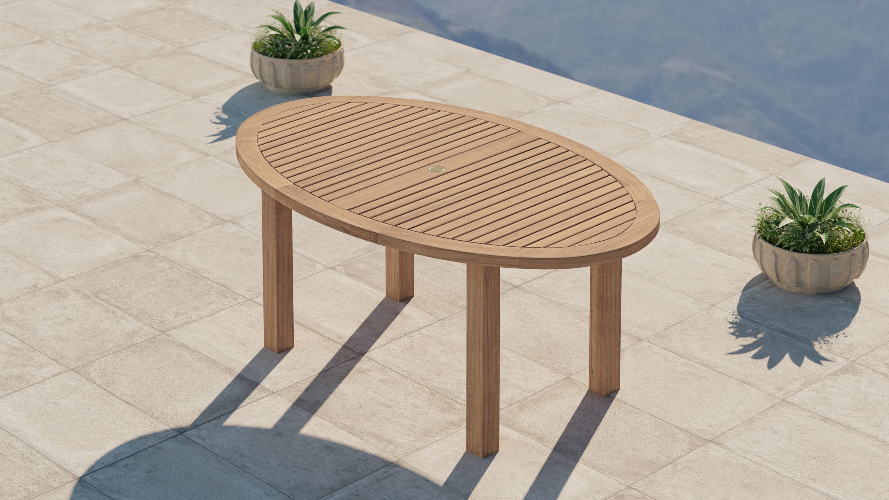 Teak Oval Garden Dining Table Overhead Perspective