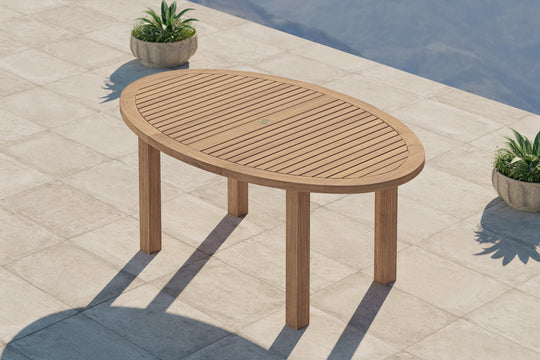 Teak Oval Garden Dining Table Overhead Perspective