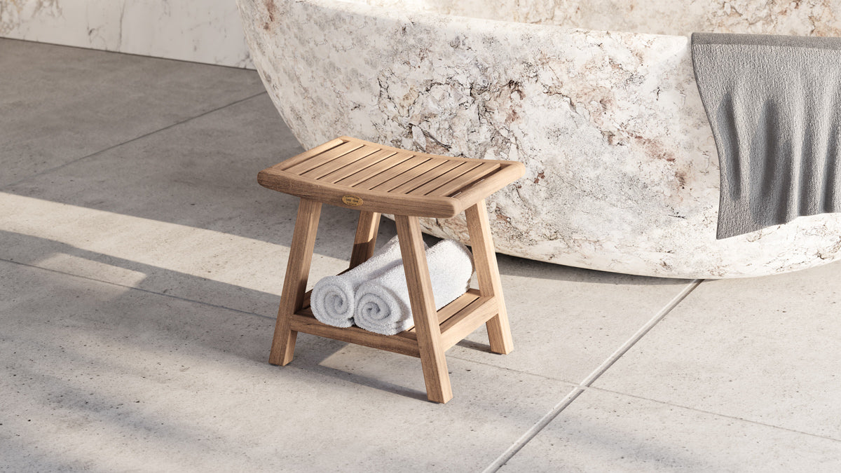 Teak Bathroom Shower Stool with Shelf Overhead Perspective