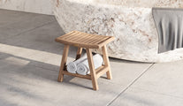 Teak Bathroom Shower Stool with Shelf Overhead Perspective