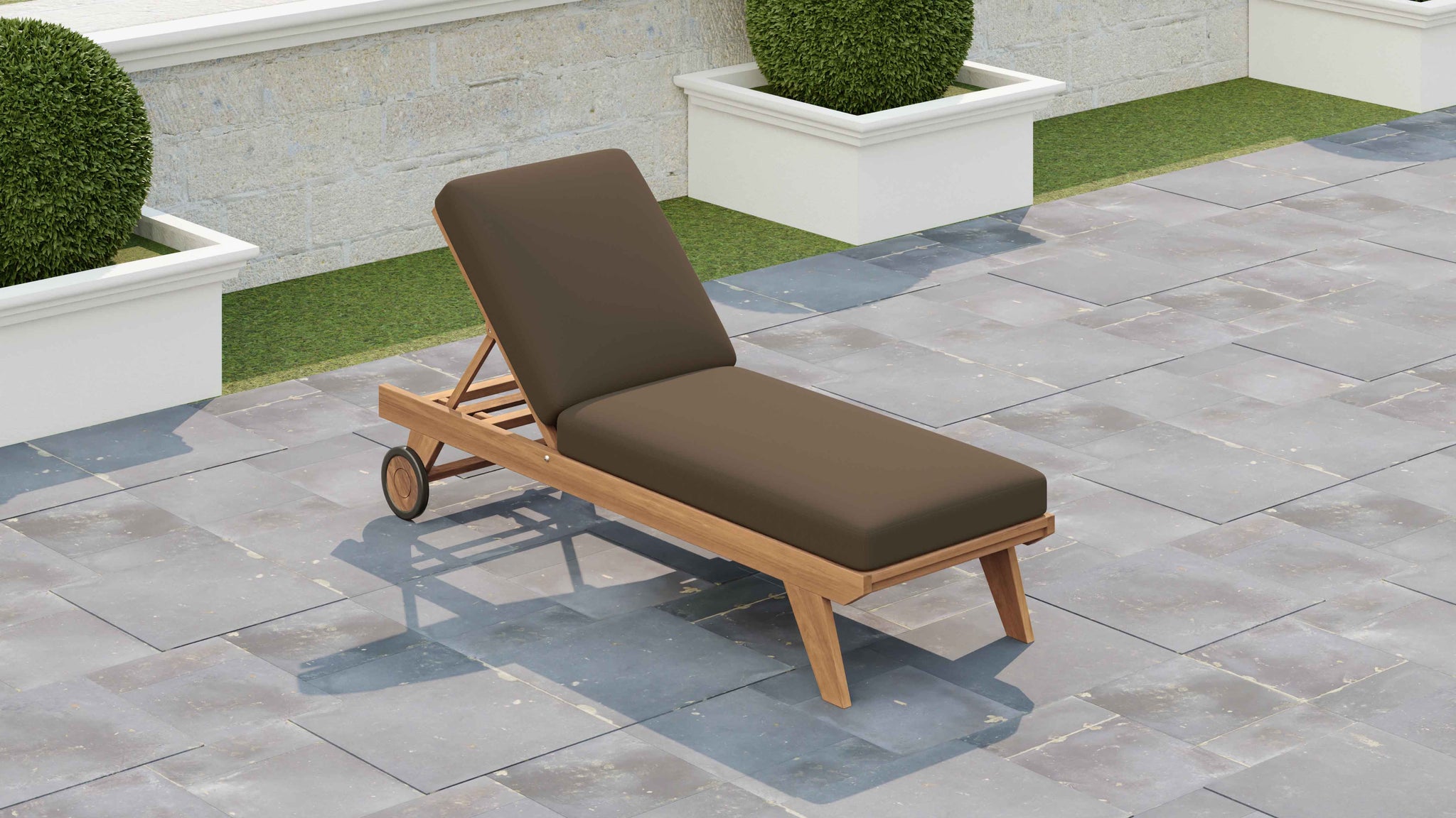 Teak Sun Lounger with Wheels Overhead Perspective Shown with Taupe Cushion