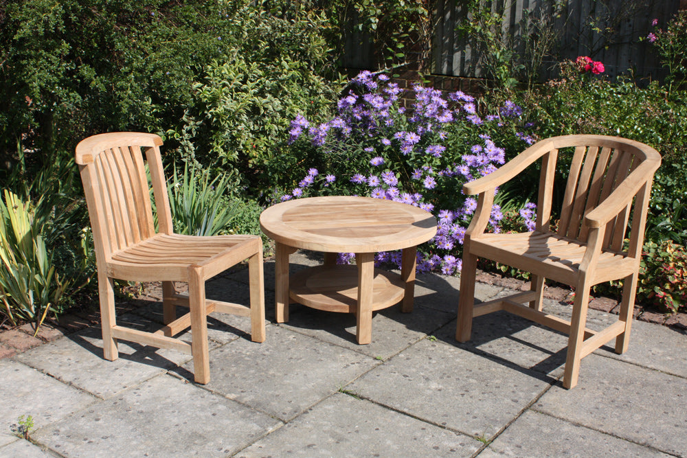 Round Teak Coffee Table with Winchester Carver & Dining Chairs