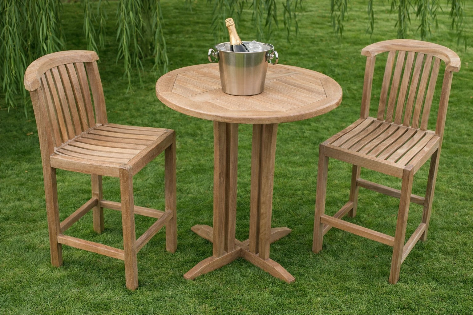 Teak Round Bar Table with Winchester Bar Chairs on Lawn