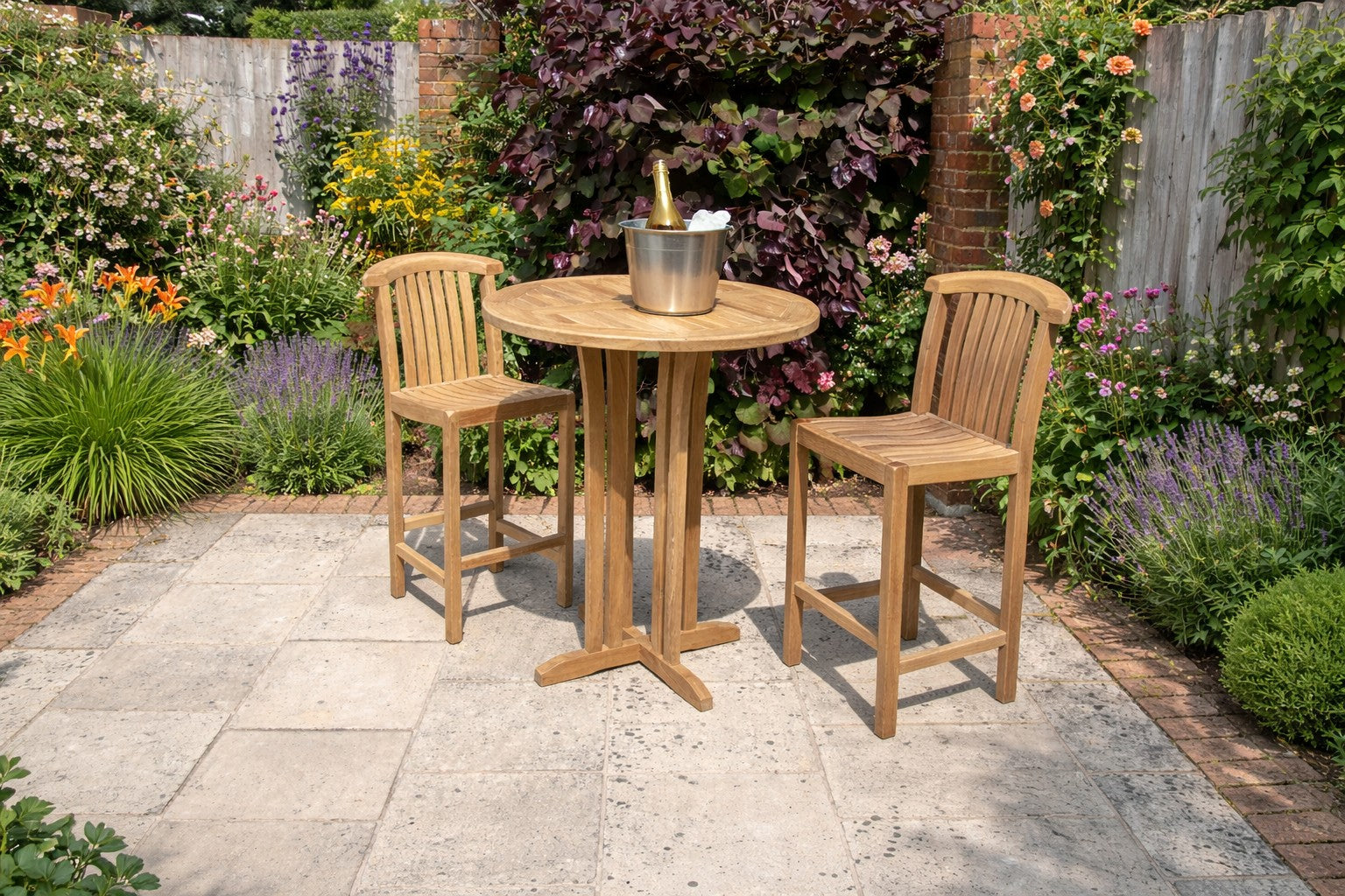 Teak Round Bar Table with Winchester Bar Chairs on Patio