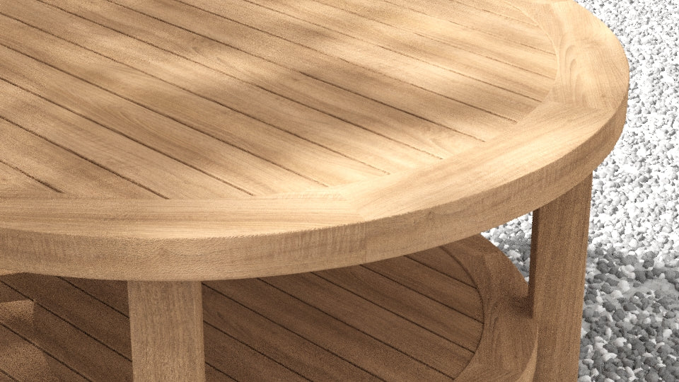 75cm Diameter Round Teak Coffee Table with Shelf Detail