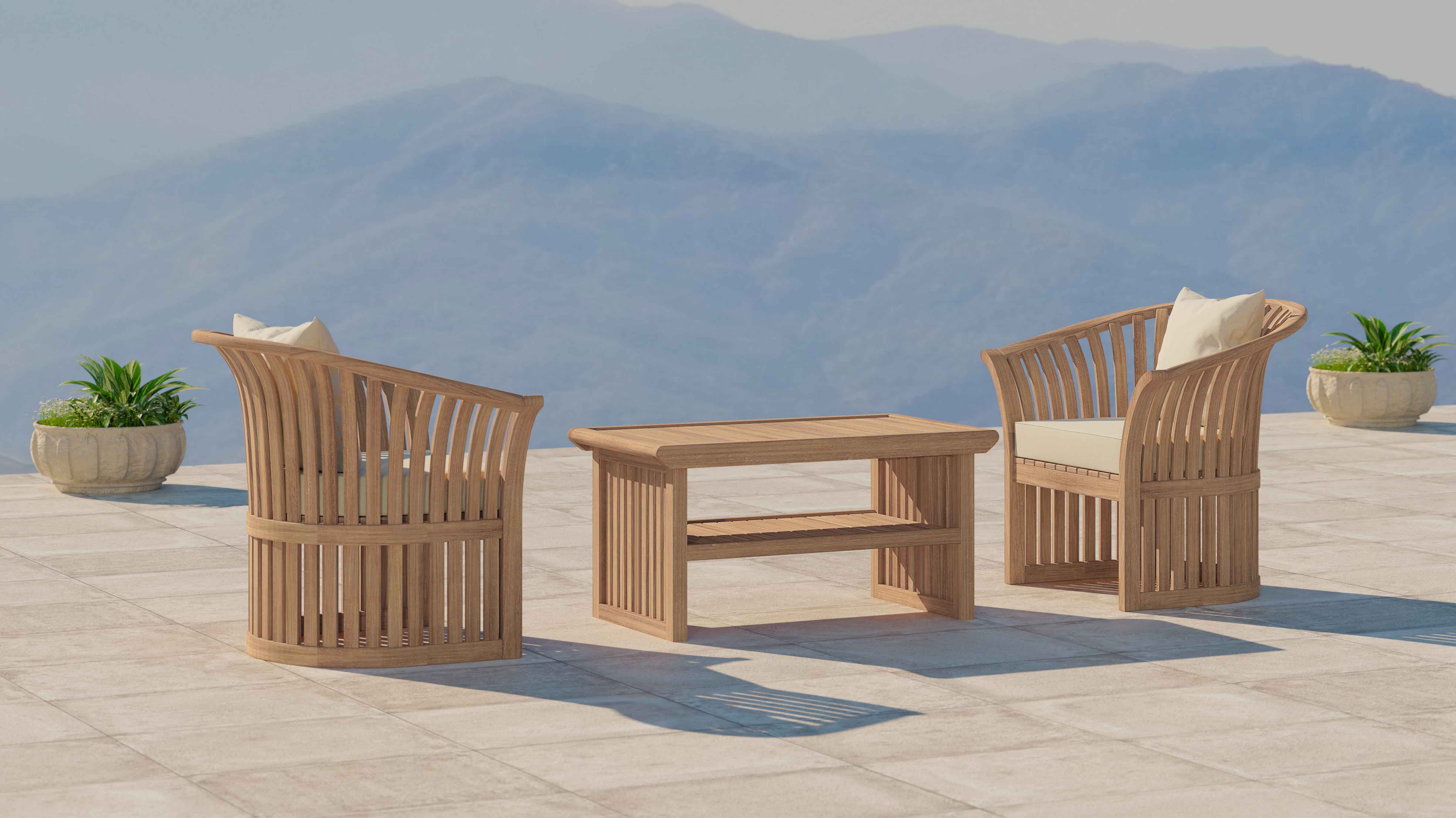 Teak Ascot Outdoor Lounge Chair Set comprising of Two Chairs and Coffee Table Front Angled View