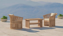 Teak Ascot Outdoor Lounge Chair Set comprising of Two Chairs and Coffee Table Front Angled View