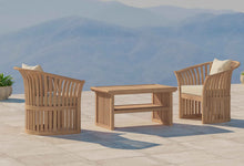 Teak Ascot Outdoor Lounge Chair Set comprising of Two Chairs and Coffee Table Front Angled View