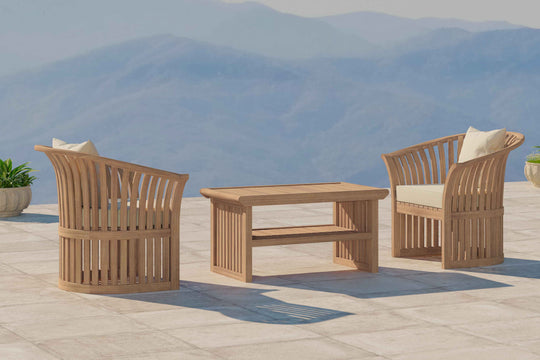 Teak Ascot Outdoor Lounge Chair Set comprising of Two Chairs and Coffee Table Front Angled View