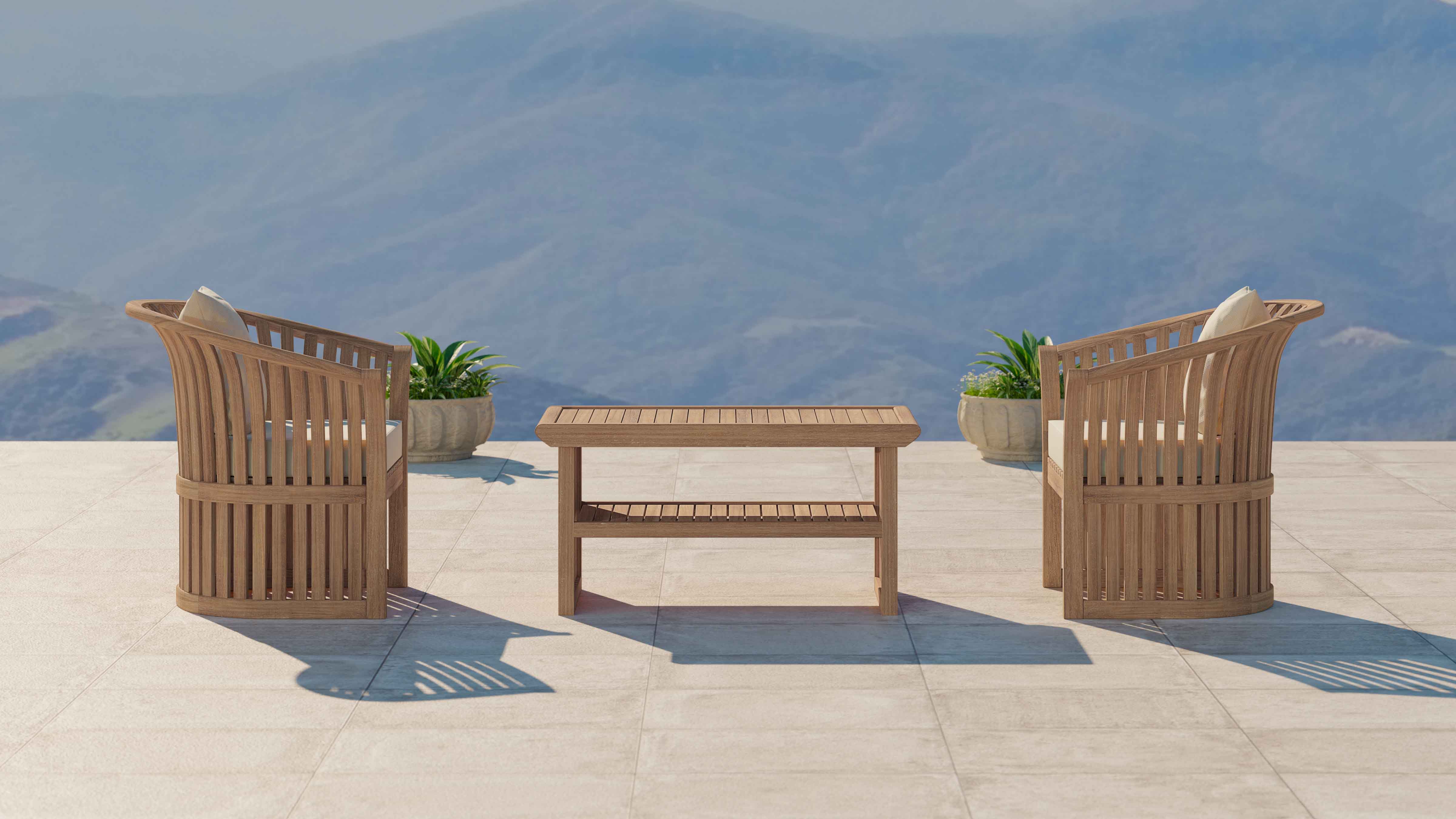 Teak Ascot Outdoor Lounge Chair Set comprising of Two Chairs and Coffee Table Opposite View