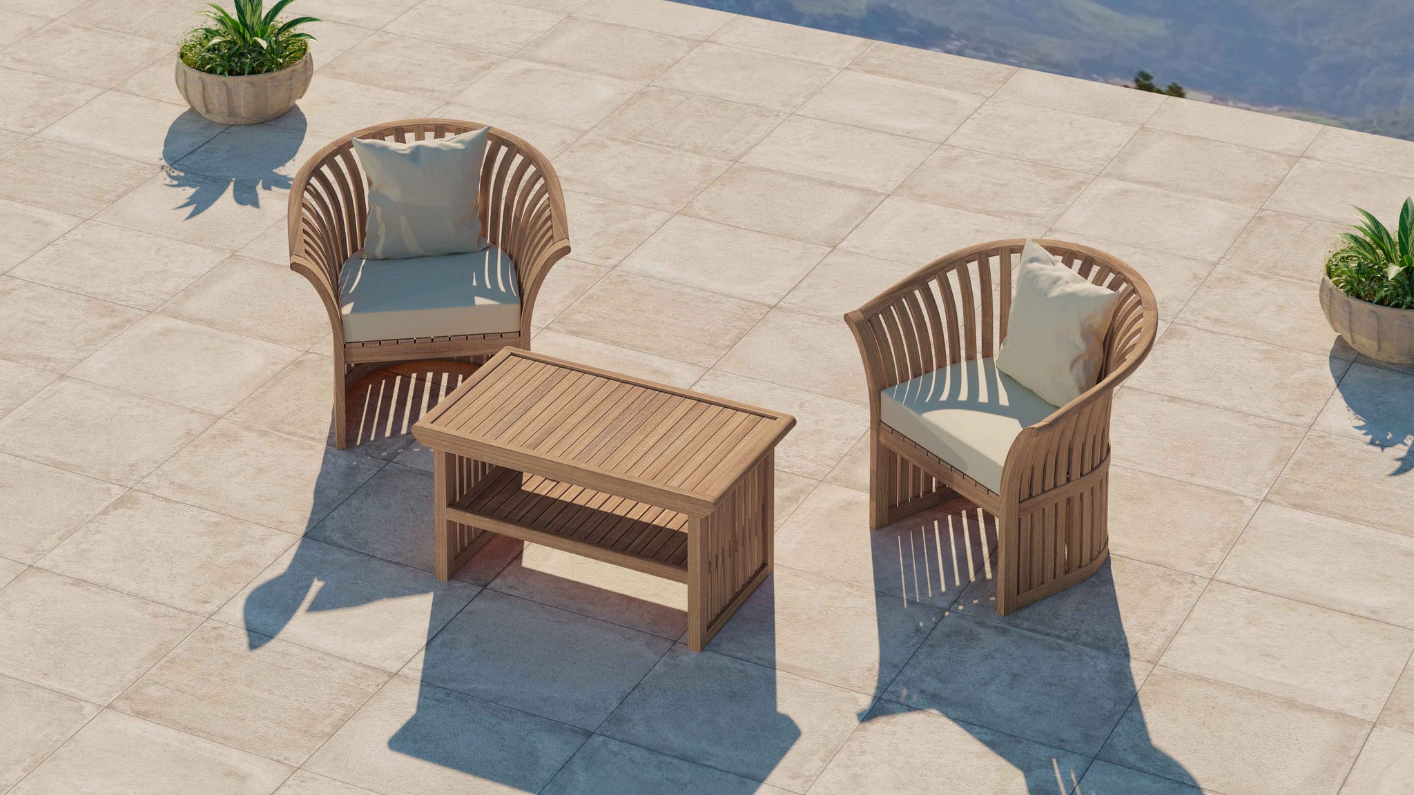 Teak Ascot Outdoor Lounge Chair Set comprising of Two Chairs and Coffee Table Front Overhead Perspective