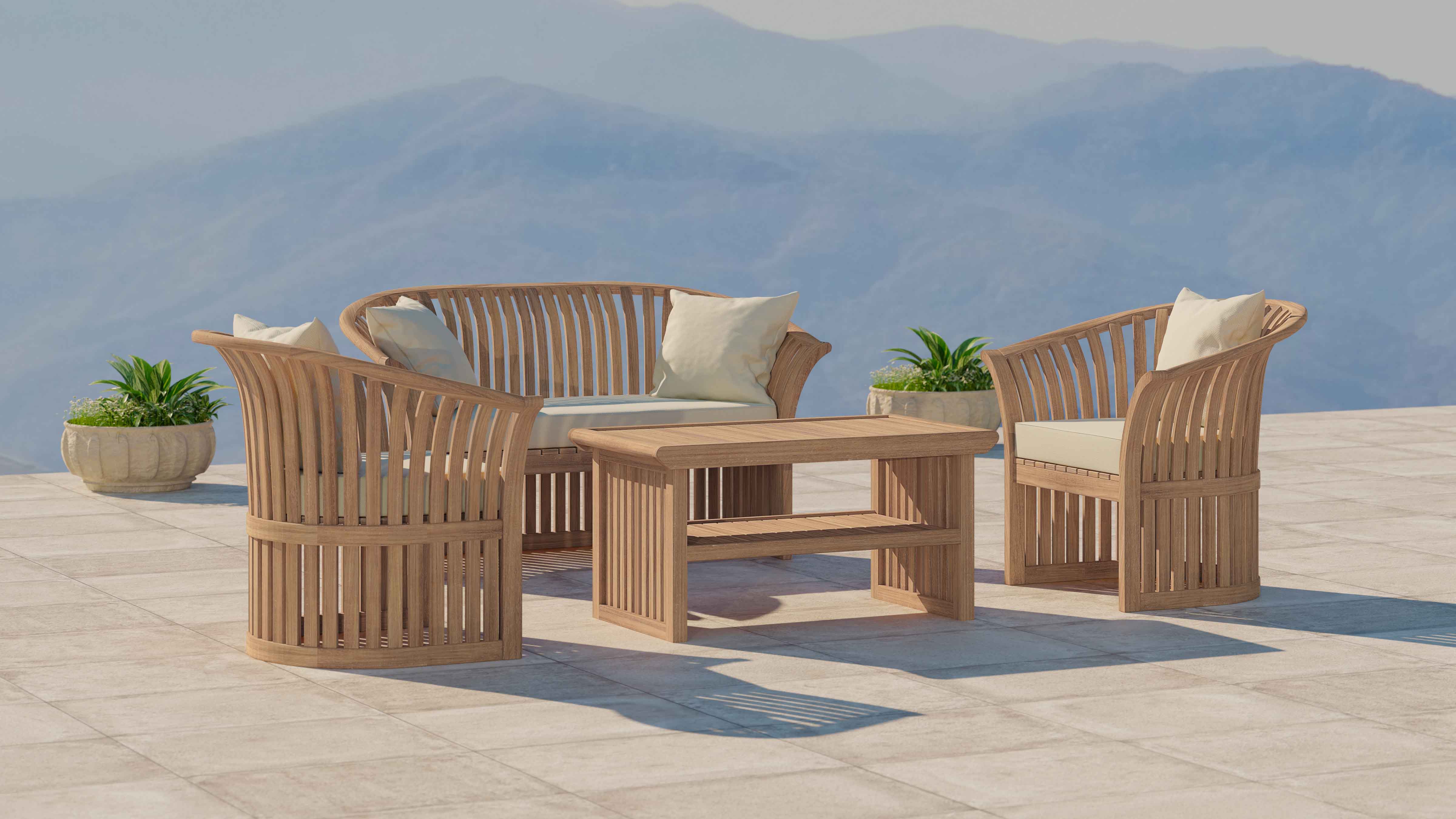 Teak Ascot Outdoor Lounge Set Comprising of Two Seater Sofa, Two Lounge Armchairs and a Coffee Table Front Angled View