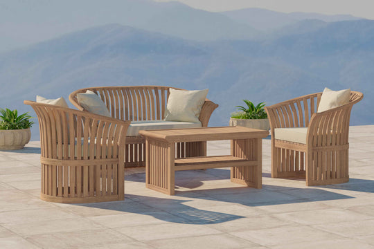 Teak Ascot Outdoor Lounge Set Comprising of Two Seater Sofa, Two Lounge Armchairs and a Coffee Table Front Angled View