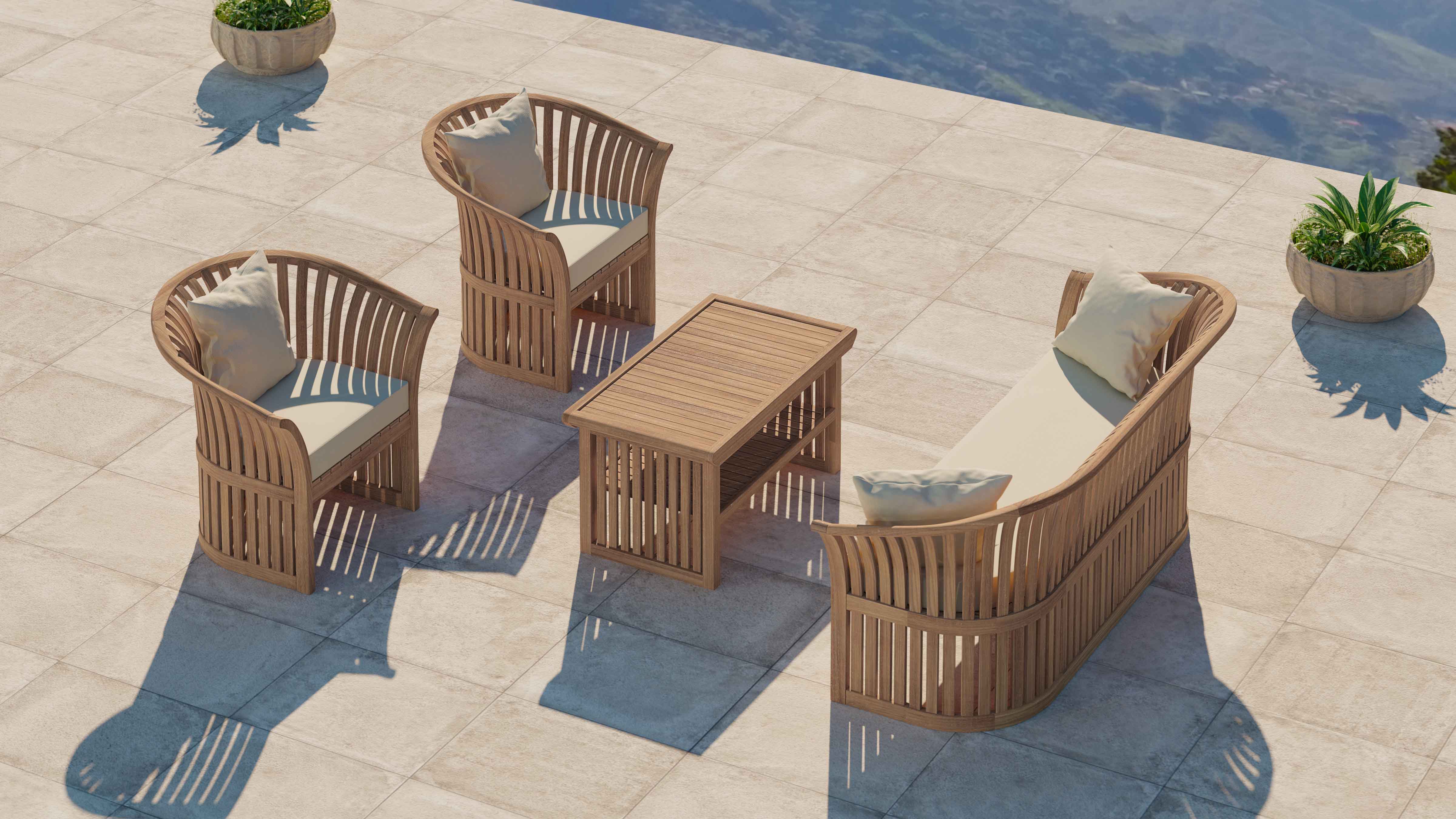 Teak Ascot Outdoor Lounge Set Comprising of Two Seater Sofa, Two Lounge Armchairs and a Coffee Table Overhead Perspective