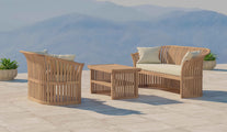 Teak Ascot Outdoor Lounge Set Comprising of a Two Seater Sofa, Three Seater Sofa and Coffee Table Shown with Ecru Cushions Front Angled View