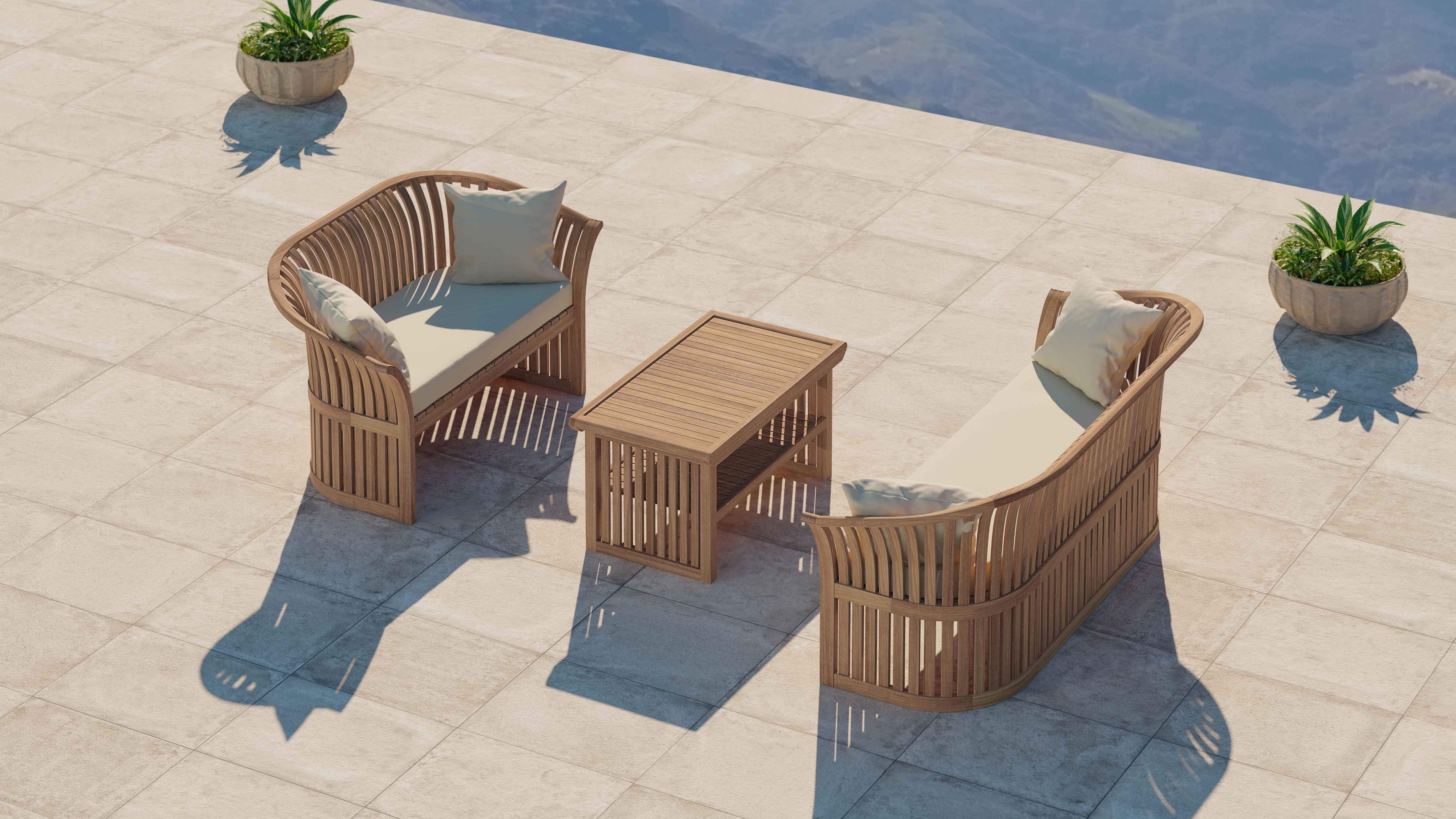 Teak Ascot Outdoor Lounge Set Comprising of a Two Seater Sofa, Three Seater Sofa and Coffee Table Shown with Ecru Cushions Overhead Perspective