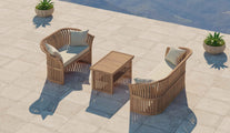 Teak Ascot Outdoor Lounge Set Comprising of a Two Seater Sofa, Three Seater Sofa and Coffee Table Shown with Ecru Cushions Overhead Perspective