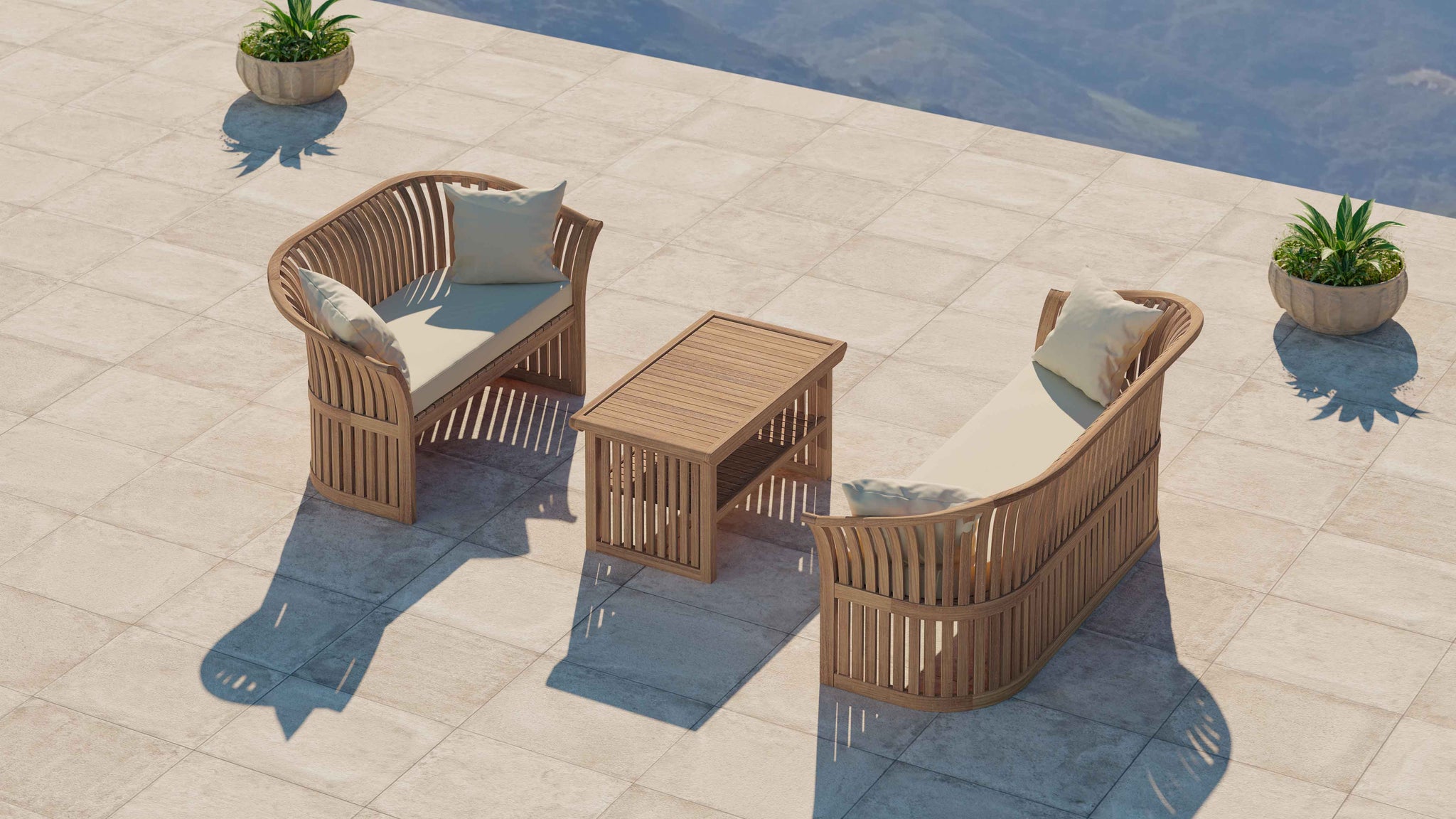 Teak Ascot Outdoor Lounge Set Comprising of a Two Seater Sofa, Three Seater Sofa and Coffee Table Shown with Ecru Cushions Overhead Perspective