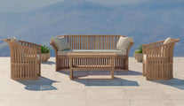 Teak Ascot Outdoor Lounge Set Comprising of a Three Seater Sofa, Two Lounge Armchairs and Coffee Table Shown with Ecru Cushions Front View