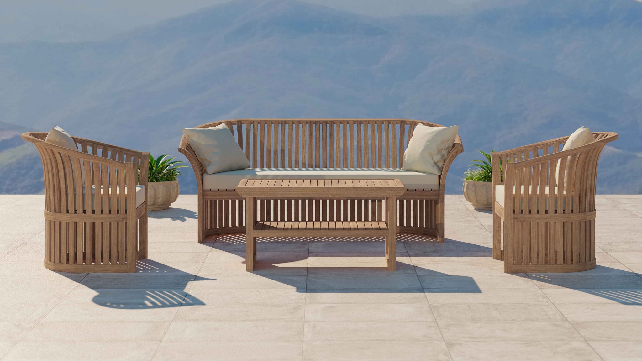 Teak Ascot Outdoor Lounge Set Comprising of a Three Seater Sofa, Two Lounge Armchairs and Coffee Table Shown with Ecru Cushions Front View