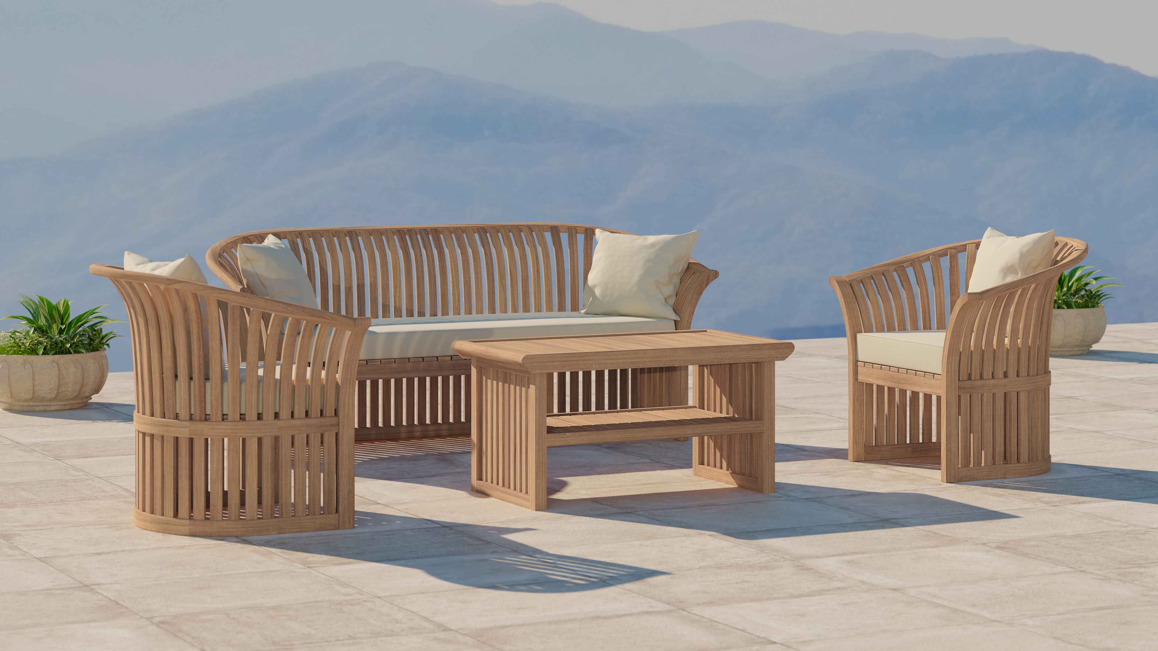 Teak Ascot Outdoor Lounge Set Comprising of a Three Seater Sofa, Two Lounge Armchairs and Coffee Table Shown with Ecru Cushions Front Angled View