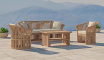 Teak Ascot Outdoor Lounge Set Comprising of a Three Seater Sofa, Two Lounge Armchairs and Coffee Table Shown with Ecru Cushions Front Angled View