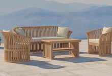 Teak Ascot Outdoor Lounge Set Comprising of a Three Seater Sofa, Two Lounge Armchairs and Coffee Table Shown with Ecru Cushions Front Angled View