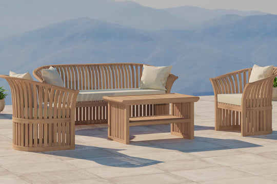 Teak Ascot Outdoor Lounge Set Comprising of a Three Seater Sofa, Two Lounge Armchairs and Coffee Table Shown with Ecru Cushions Front Angled View