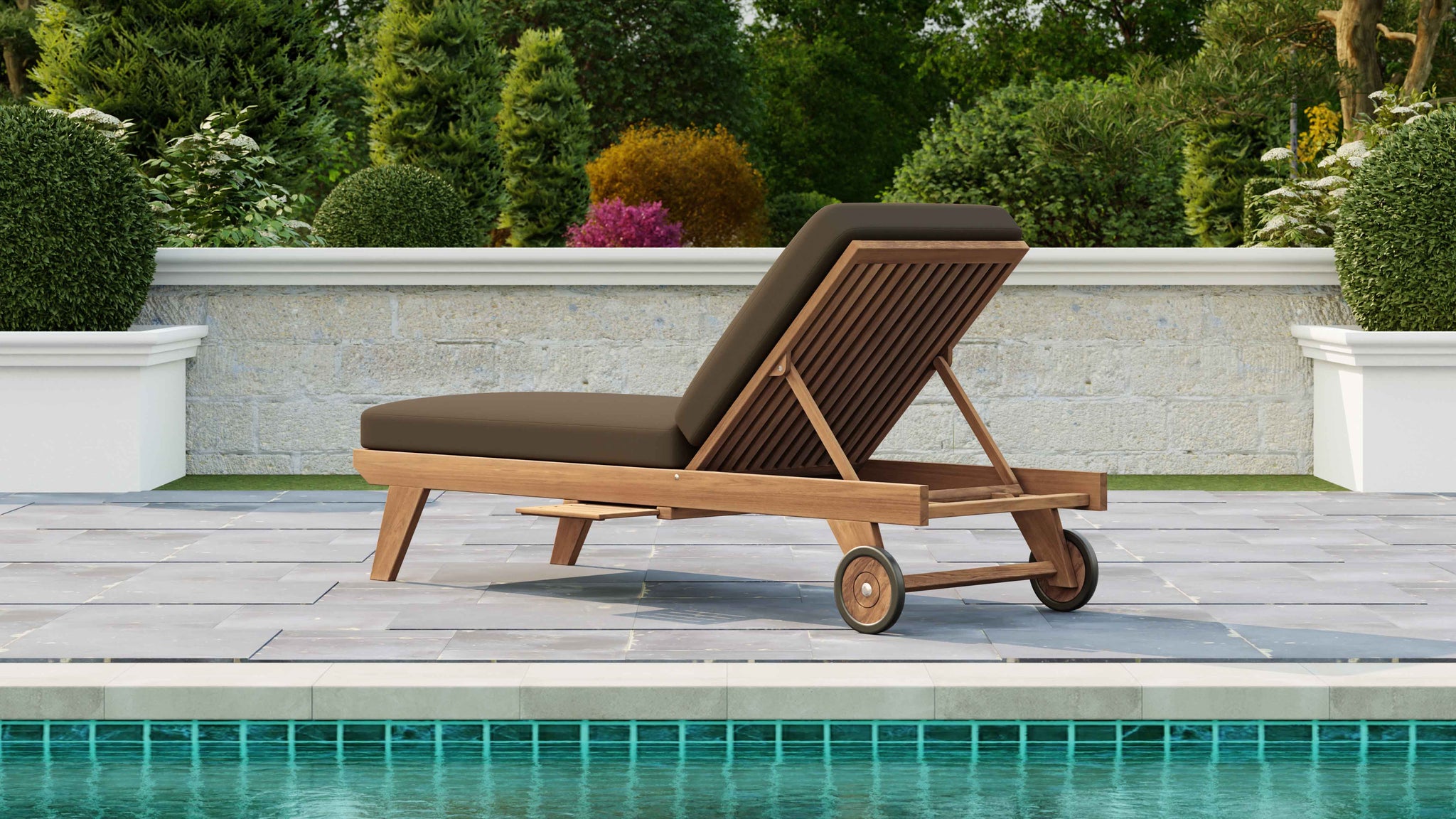 Teak Sun Lounger with Wheels Rear Angled View Shown with Taupe Cushion  and Optional Pull Out Tray