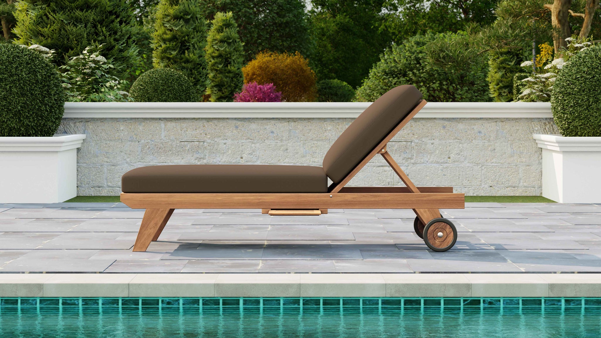 Teak Sun Lounger with Wheels Side View Shown with Taupe Cushion and Optional Pull Out Tray