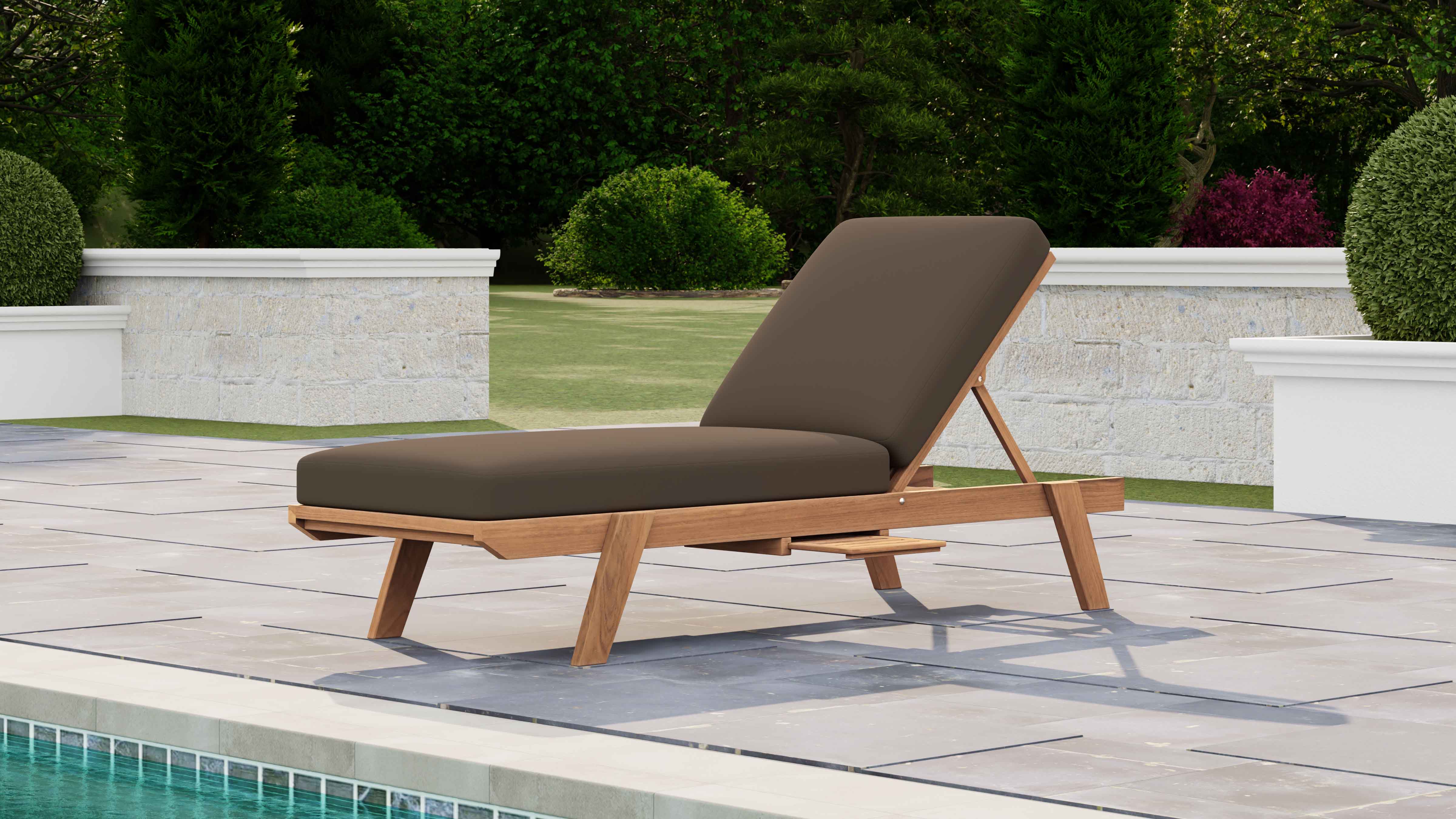 Teak Stacking Lounger with Cushion & Optional Pull Out Tray Front Angled View