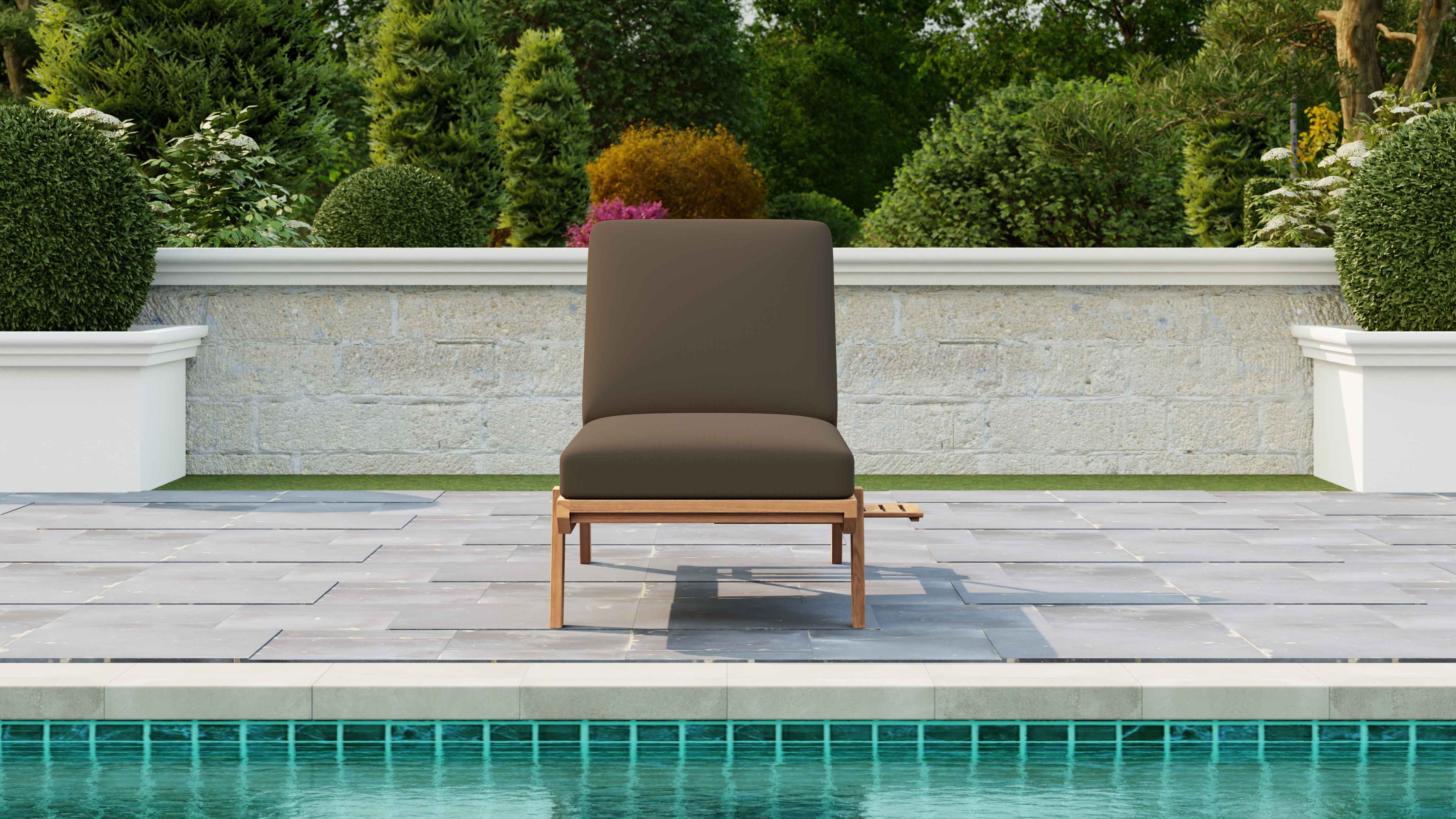 Teak Stacking Lounger with Taupe Cushion & Optional Pull Out Tray Front View