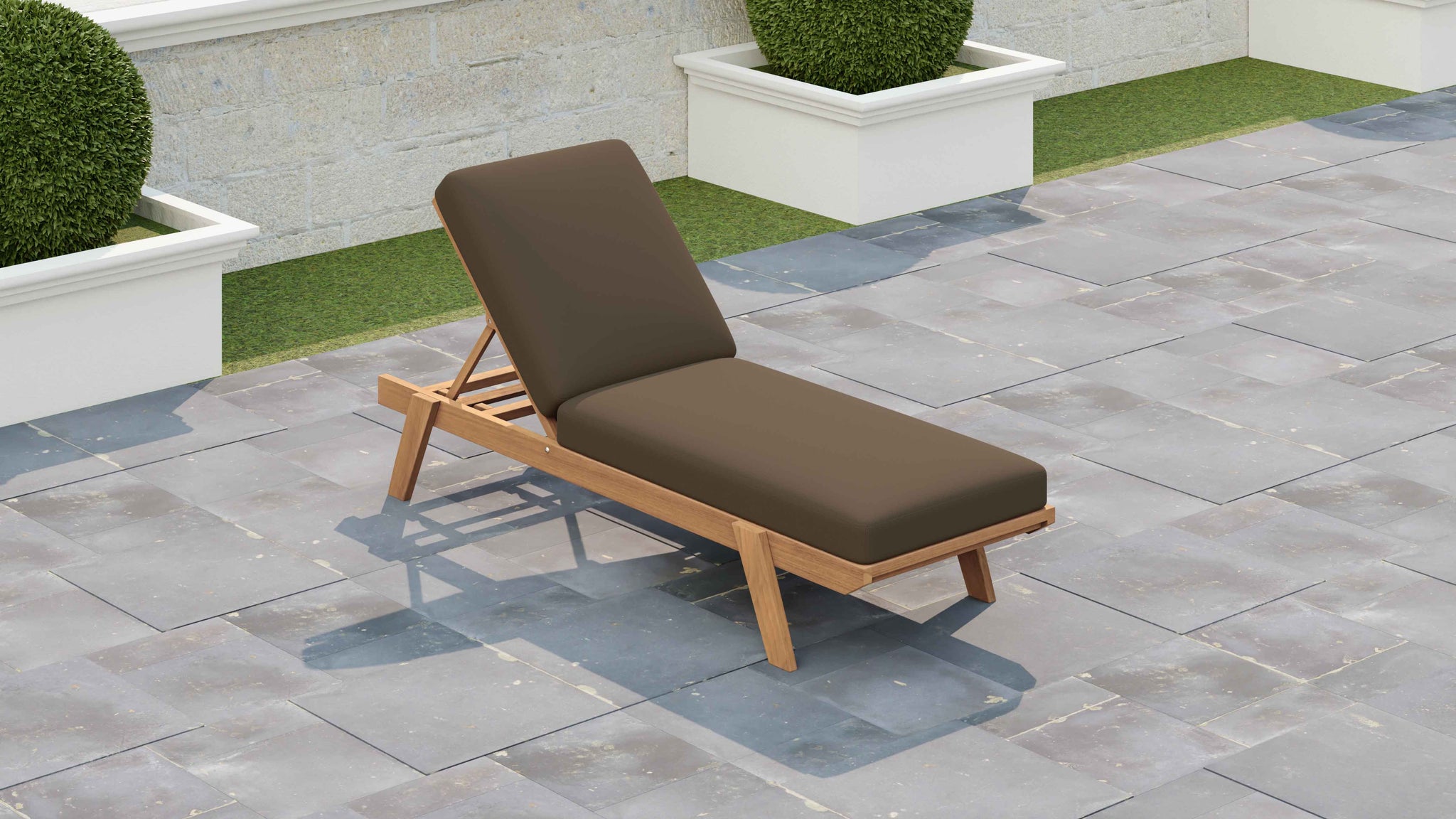 Teak Stacking Lounger with Taupe Cushion & Optional Pull Out Tray Overhead Perspective