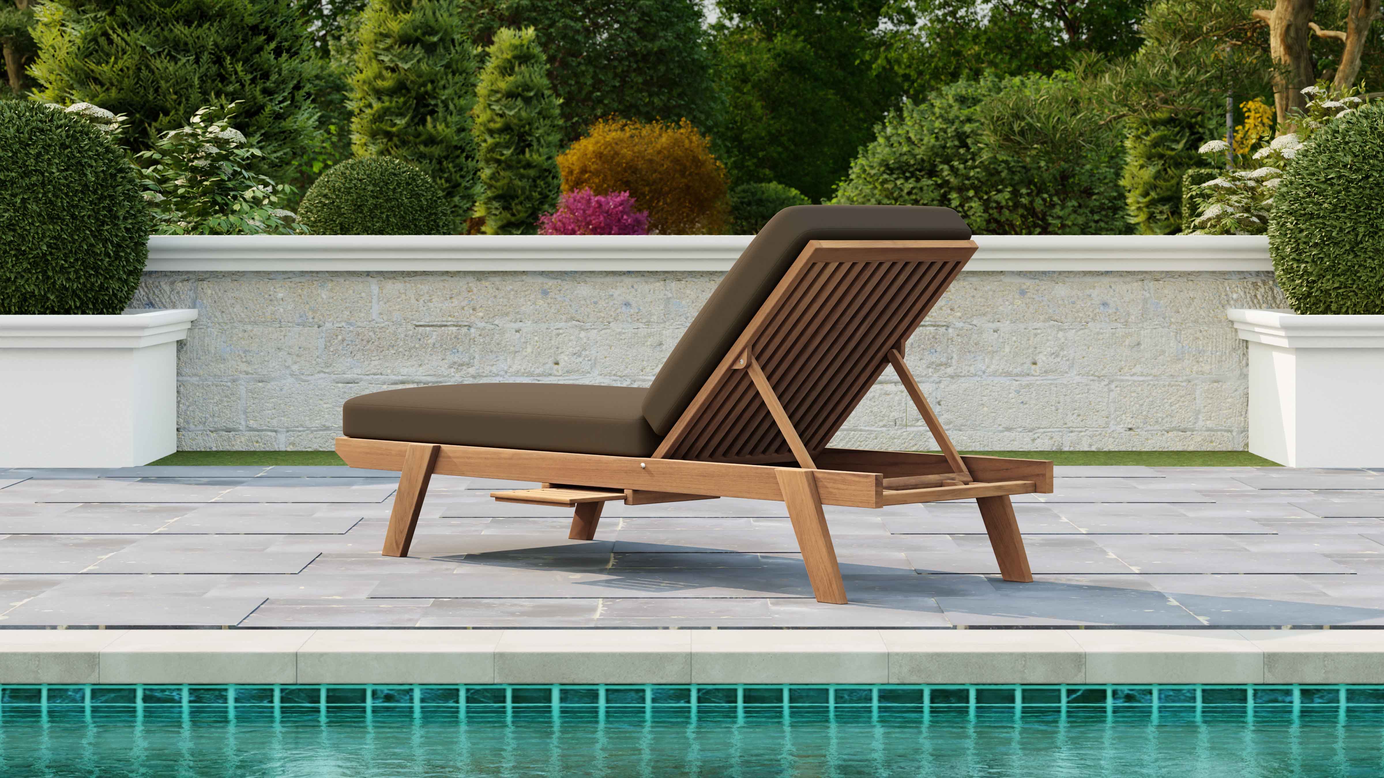 Teak Stacking Lounger with Taupe Cushion & Optional Pull Out Tray Rear Angled View