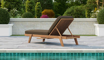Teak Stacking Lounger with Taupe Cushion & Optional Pull Out Tray Rear Angled View