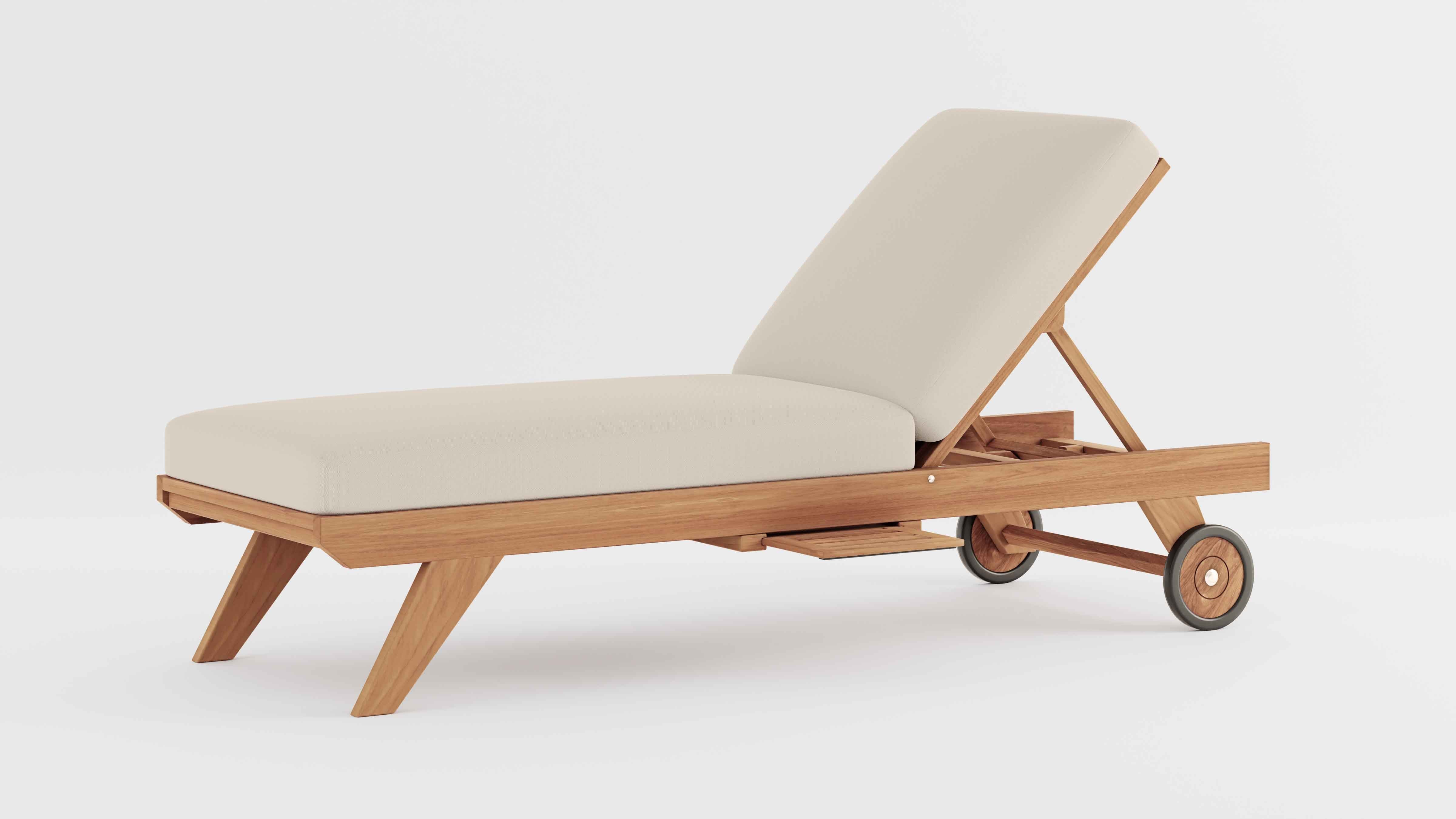 Teak Sun Lounger with Wheels with Ecru Cushion  and Optional Pull Out Tray