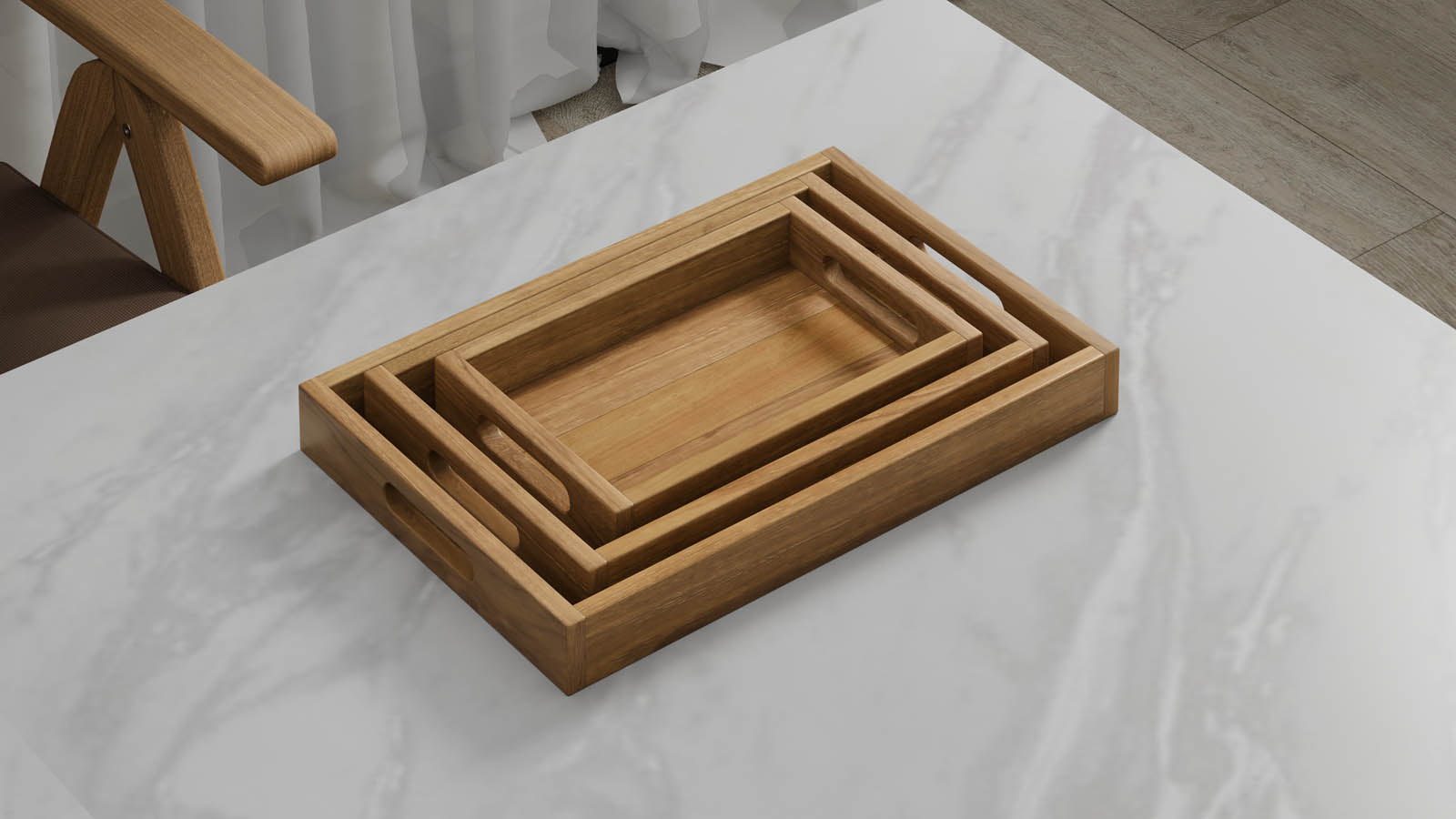 A Set of 3 Rectangular Teak Trays with Slotted Handle