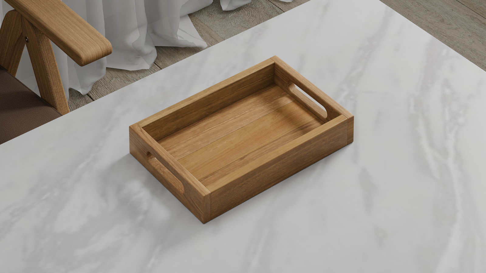 A Small Rectangular Teak Tray with Slotted Handle 30cm x 20cm