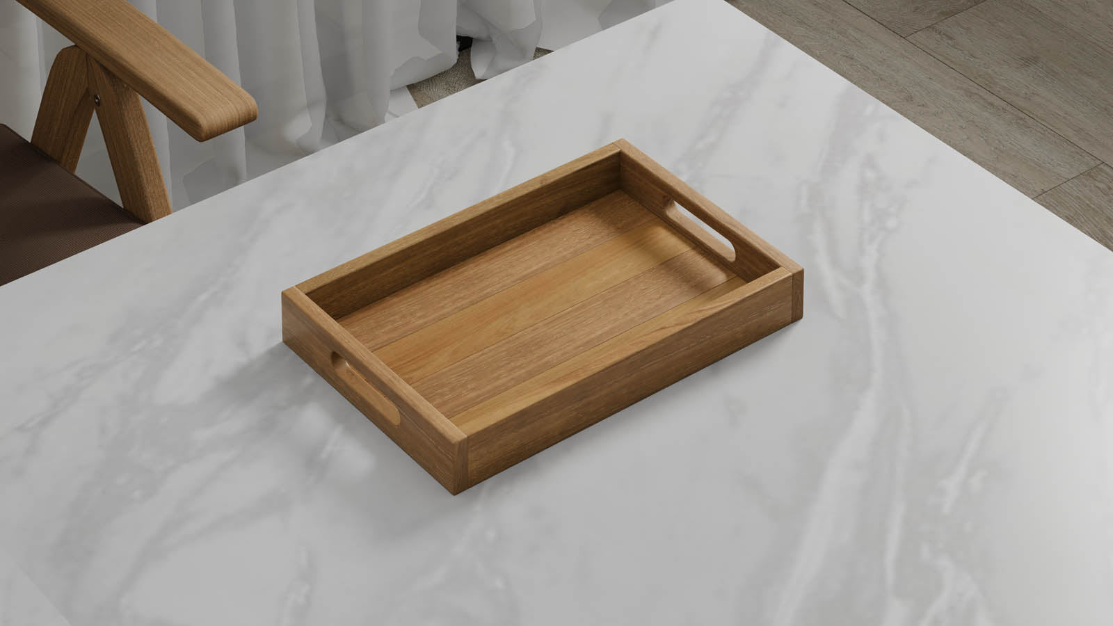 A Medium Rectangular Teak Tray with Slotted Handle 37.5cm x 25cm